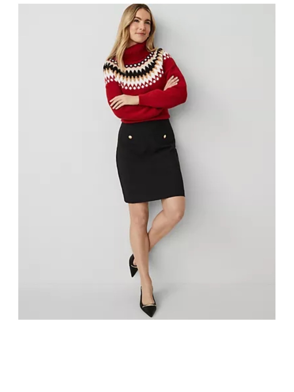 Ann Taylor Black Ponte Pencil Skirt with Gold Button Accents